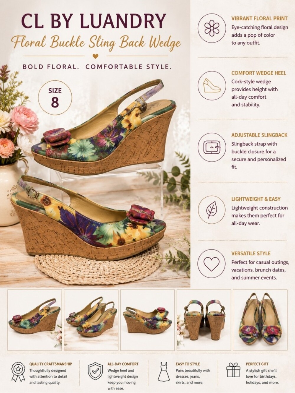 CL BY LUANDRY Floral buckle sling back wedge 8